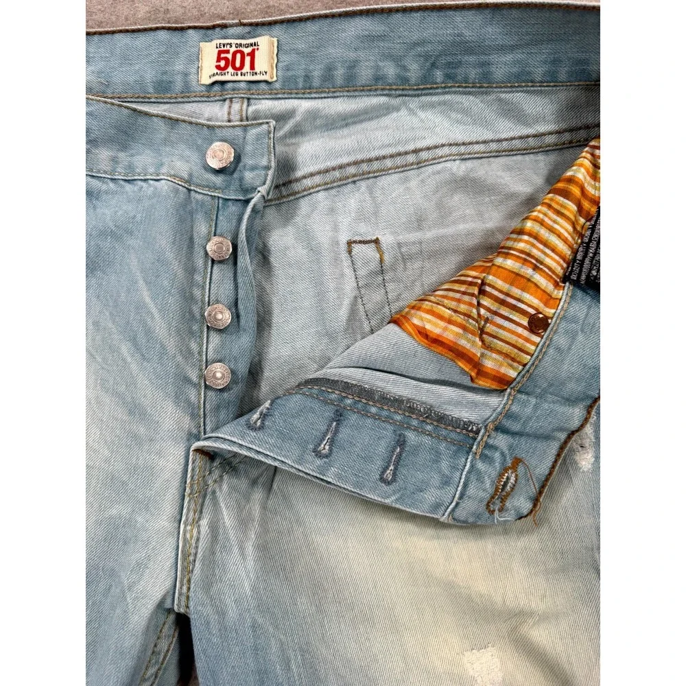 Levi's 501 Jeans Mens 36x34 Light Blue Denim Distressed Straight Leg Button Fly